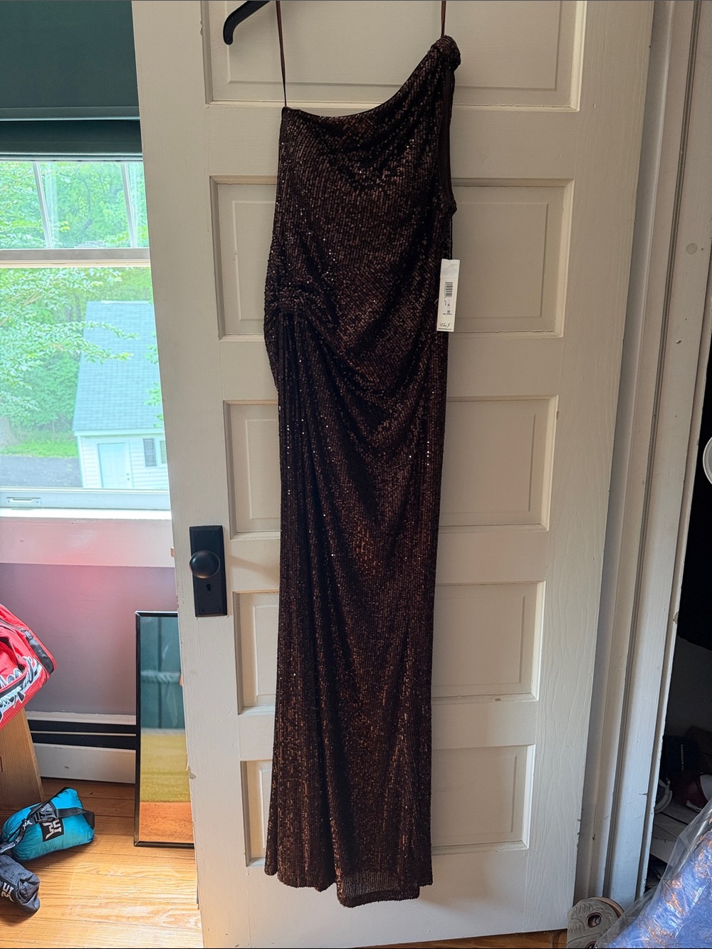 NWT Eliza J One-Shoulder Brown Sequin Maxi Dress